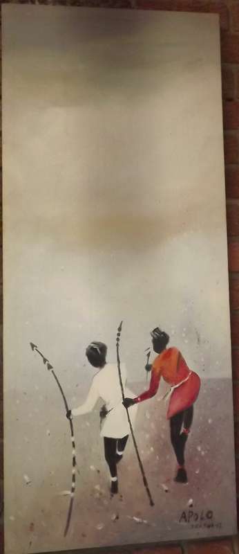 Pair Large ethnic acrylic on stretch canvas paintings, Original signed and dated LOW START !!