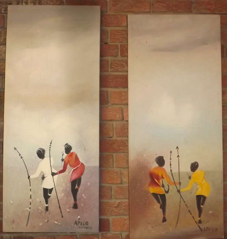 Pair Large ethnic acrylic on stretch canvas paintings, Original signed and dated LOW START !!