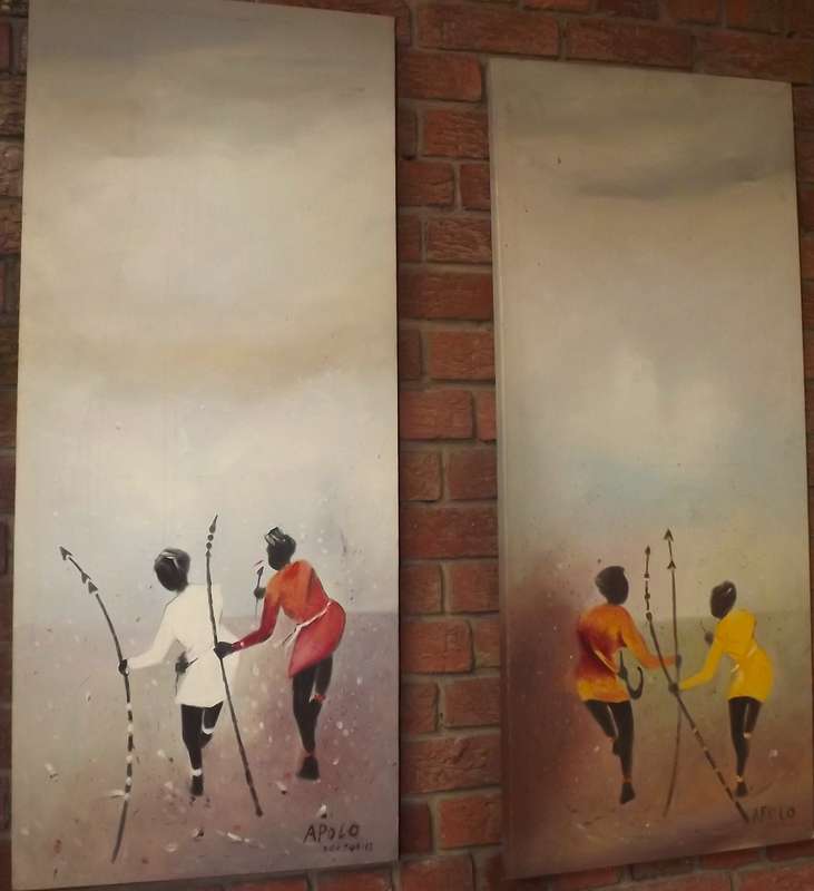 Pair Large ethnic acrylic on stretch canvas paintings, Original signed and dated LOW START !!
