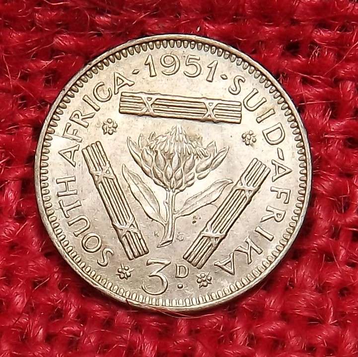 1951 3 Pence/ Tickey South Africa  High-grade