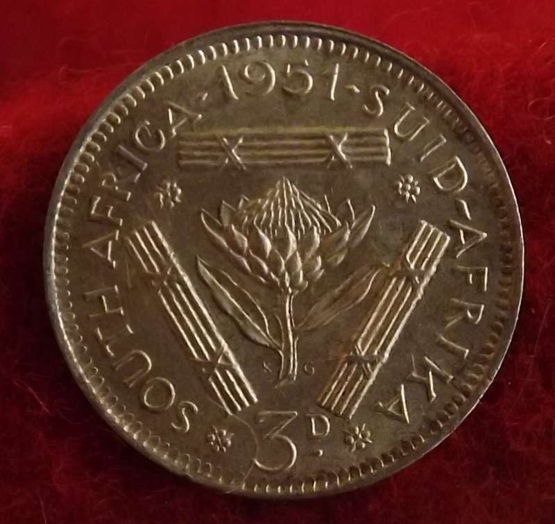 1951 South Africa  3 Pence UNC Superb details