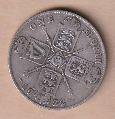 1922 King George V Florin -Two Shillings-Silver Coin-rowned Shields