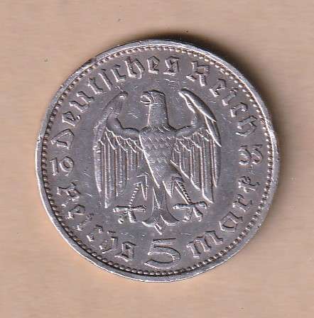 Third Reich 5 Reichsmark Silver Coin 1935 D - Hindenburg