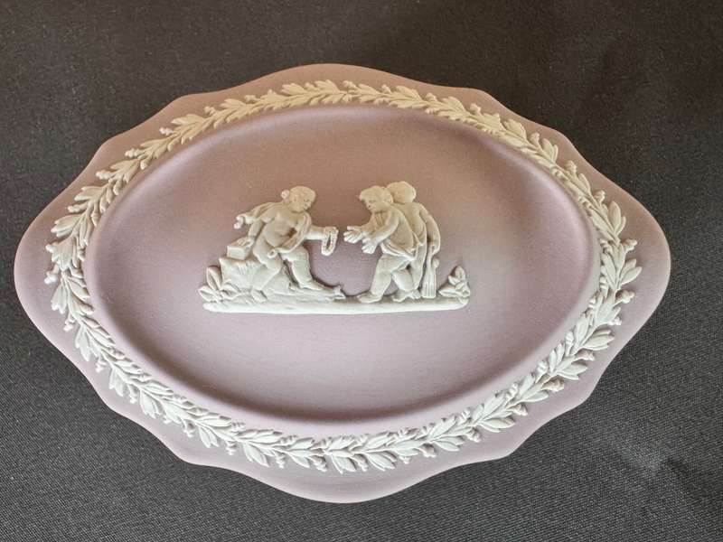 Lilac Wedgwood Jasperware Oval Boat shaped Dish with lid