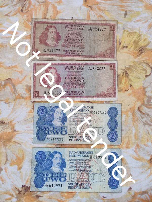 South African Bank notes 2x R1 and 2x R2