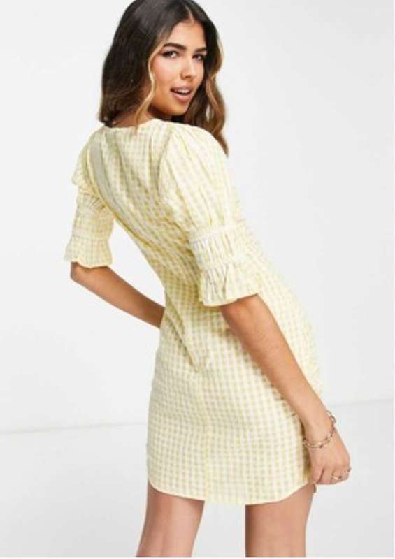 Yellow Check Frill Sleeve Gathered Front Mini Dress