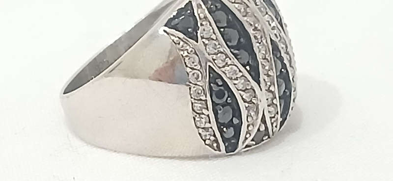 Sterling silver domed ring with cubic and black stones