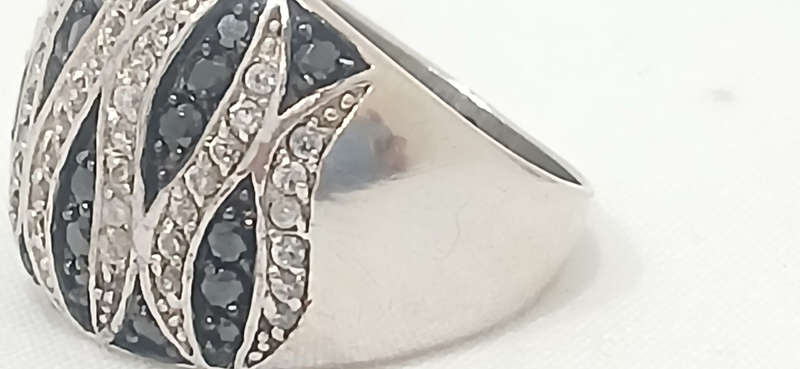 Sterling silver domed ring with cubic and black stones