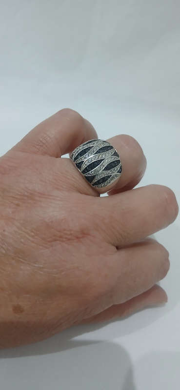 Sterling silver domed ring with cubic and black stones