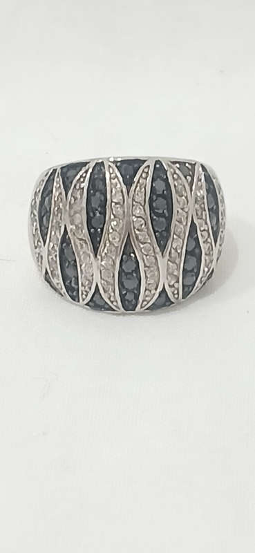Sterling silver domed ring with cubic and black stones