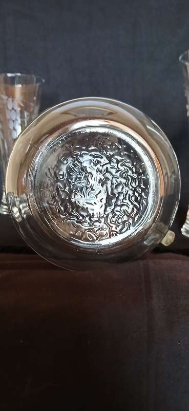 Vintage pitcher and glasses with etched grapes