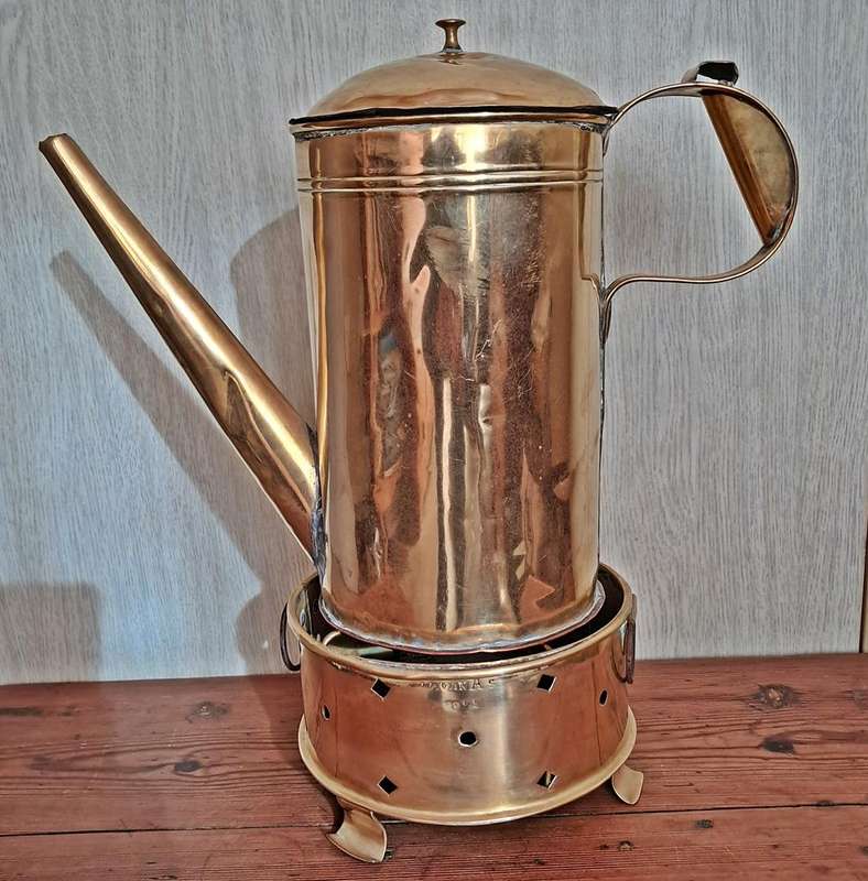 J P van AS brass coffee pot and tessie