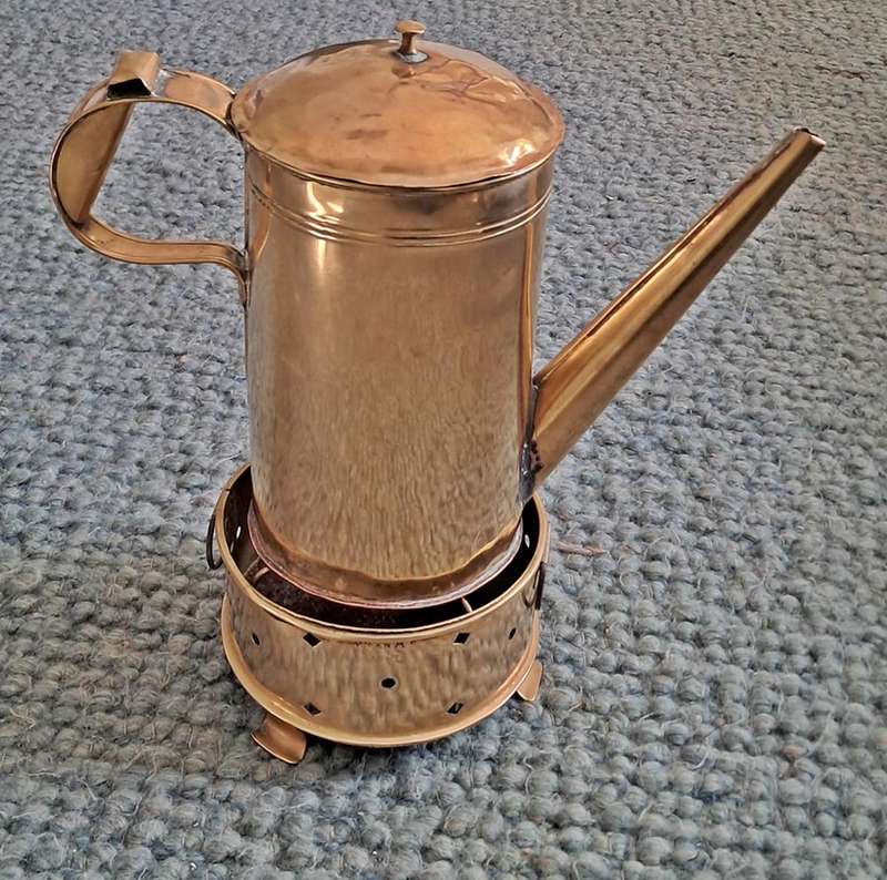 J P van AS brass coffee pot and tessie