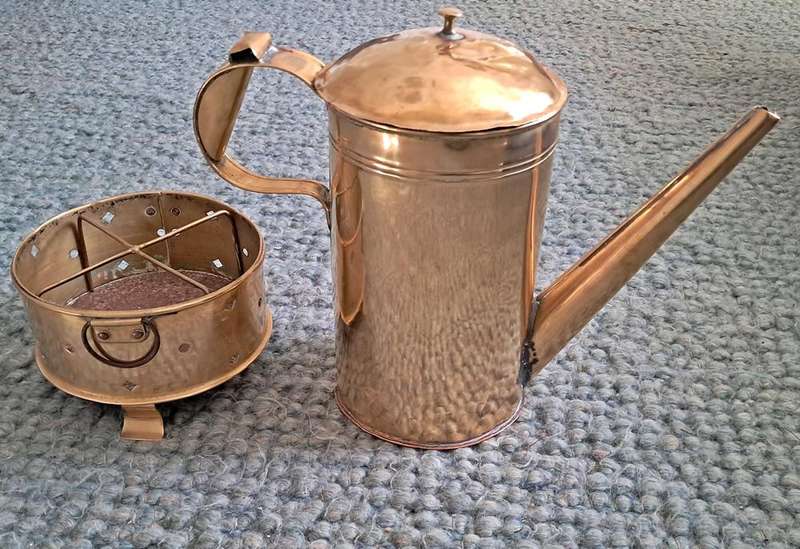 J P van AS brass coffee pot and tessie