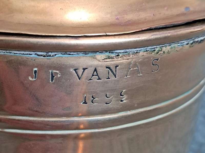 J P van AS brass coffee pot and tessie