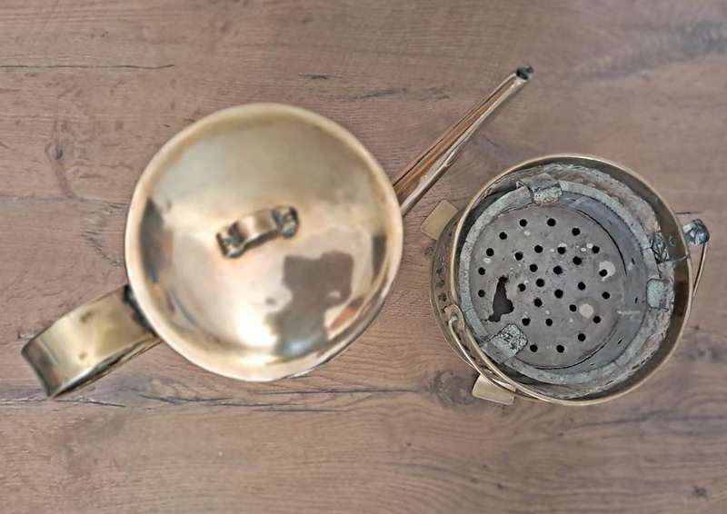 Antique brass coffee pot and konfoor