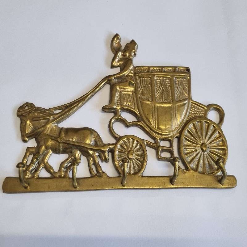 Solid Brass key hook in the shape of horses pulling wagon - Made in India