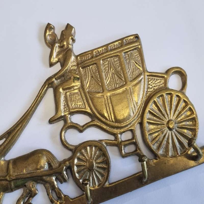 Solid Brass key hook in the shape of horses pulling wagon - Made in India