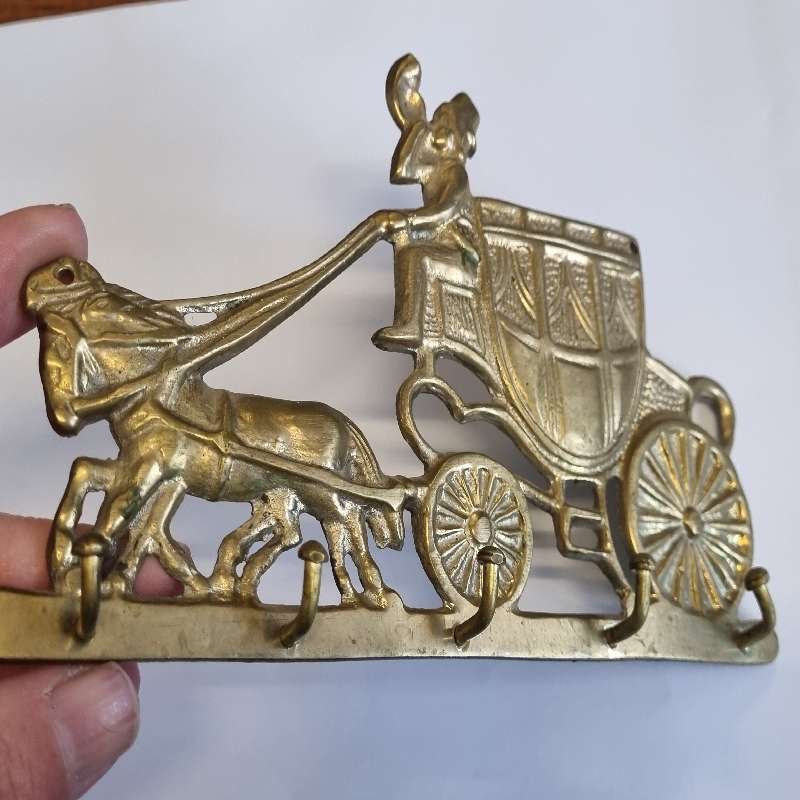 Solid Brass key hook in the shape of horses pulling wagon - Made in India