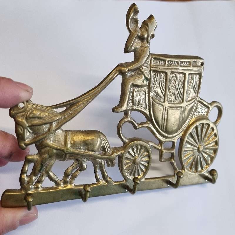 Solid Brass key hook in the shape of horses pulling wagon - Made in India