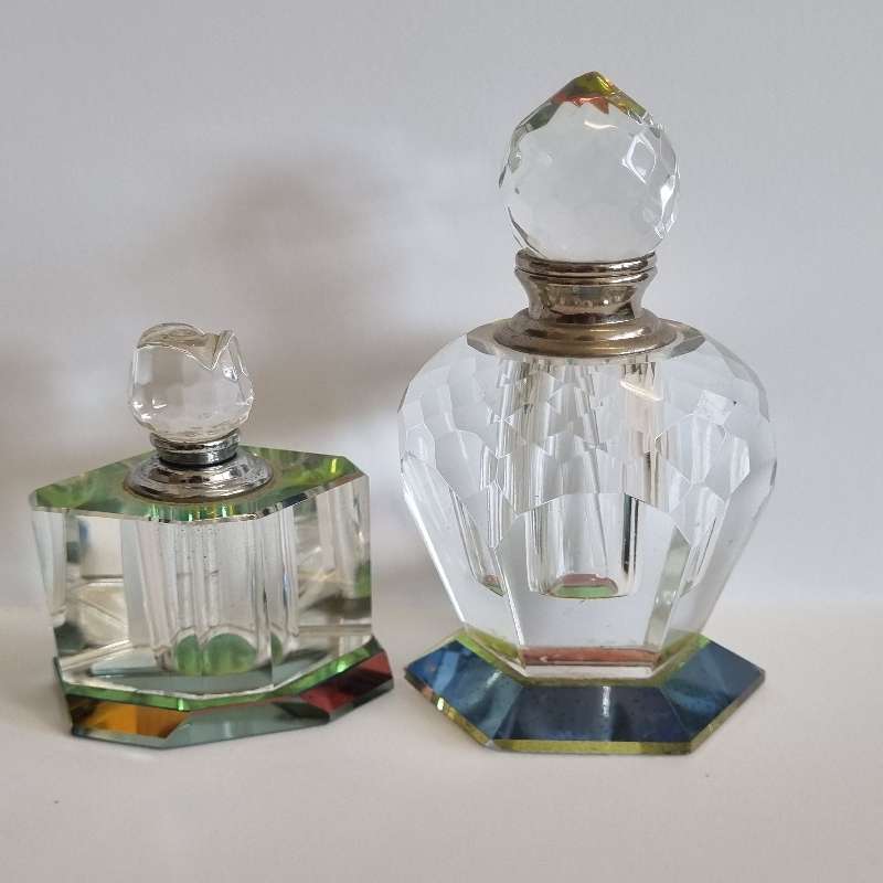 2 x Crystal Perfume Bottles - Just Beautiful!!! One glass dipper broke off - see pictures