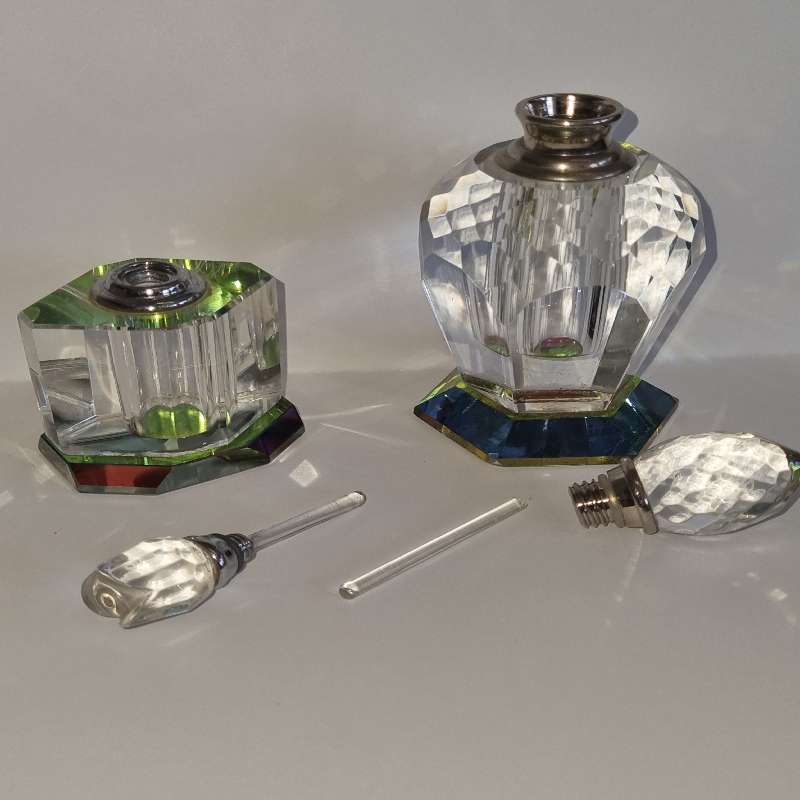 2 x Crystal Perfume Bottles - Just Beautiful!!! One glass dipper broke off - see pictures