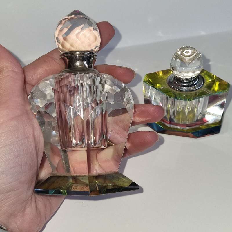 2 x Crystal Perfume Bottles - Just Beautiful!!! One glass dipper broke off - see pictures