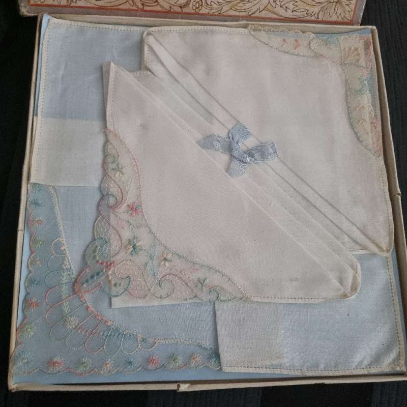 3 x Vintage Handkerchiefs - boxed - New - Made in Ireland - Very fine detail