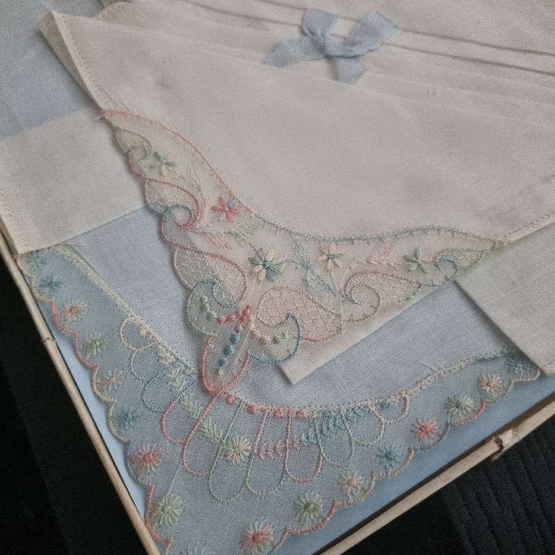 3 x Vintage Handkerchiefs - boxed - New - Made in Ireland - Very fine detail