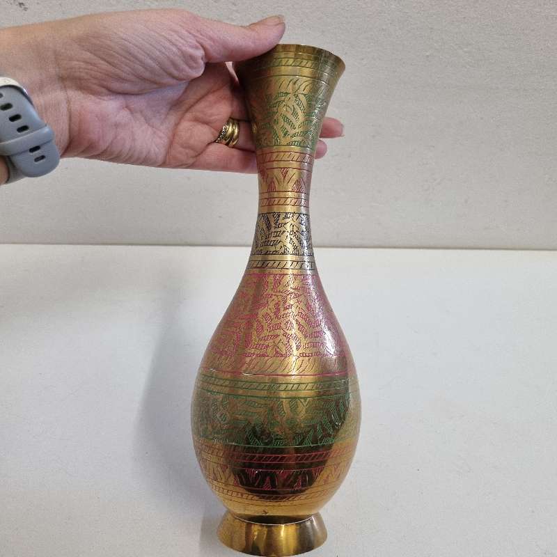 Tall Vintage brass vase with colour - Height - 30cm