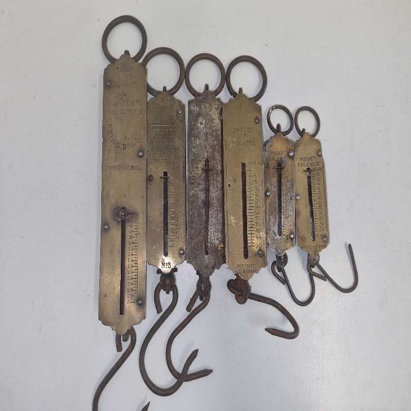 6 x Vintage Hanging Scales - Salter's Spring Balance / Pocket Balance Brass Scales - See pictures