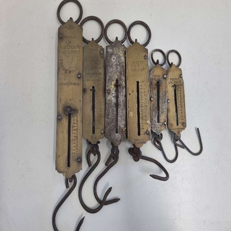 6 x Vintage Hanging Scales - Salter's Spring Balance / Pocket Balance Brass Scales - See pictures