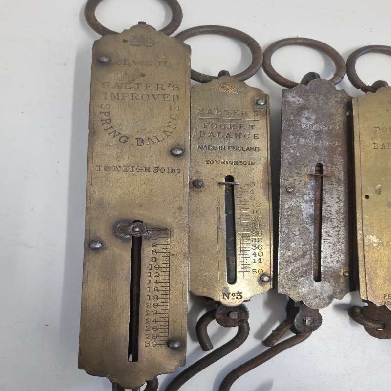 6 x Vintage Hanging Scales - Salter's Spring Balance / Pocket Balance Brass Scales - See pictures