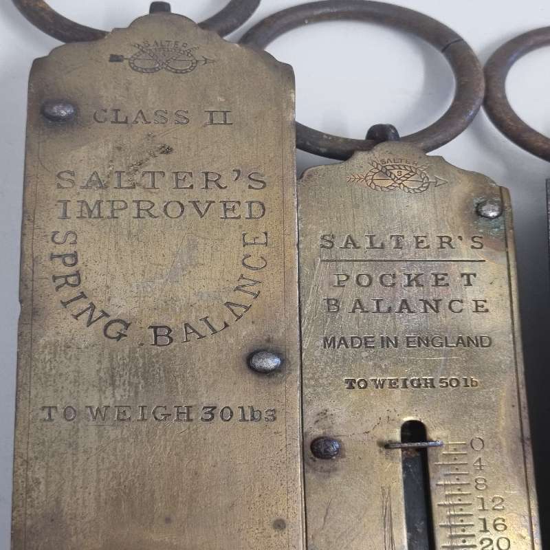 6 x Vintage Hanging Scales - Salter's Spring Balance / Pocket Balance Brass Scales - See pictures