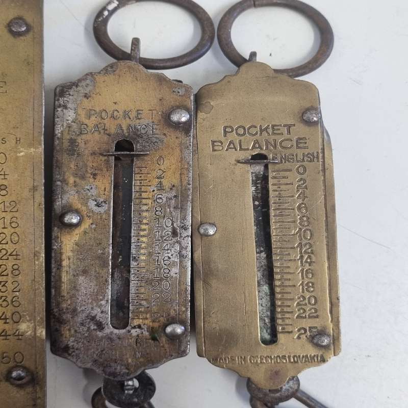 6 x Vintage Hanging Scales - Salter's Spring Balance / Pocket Balance Brass Scales - See pictures