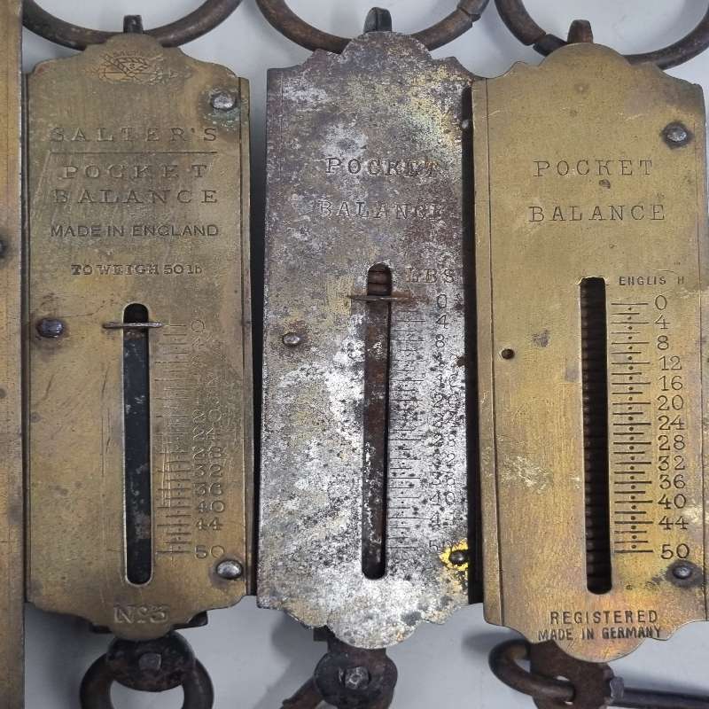 6 x Vintage Hanging Scales - Salter's Spring Balance / Pocket Balance Brass Scales - See pictures