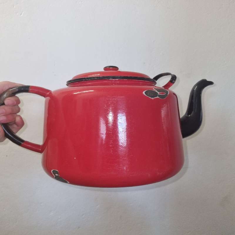 Large Red Vintage Enamel Kettle - Decor piece - has a hole at the bottom - See last picture