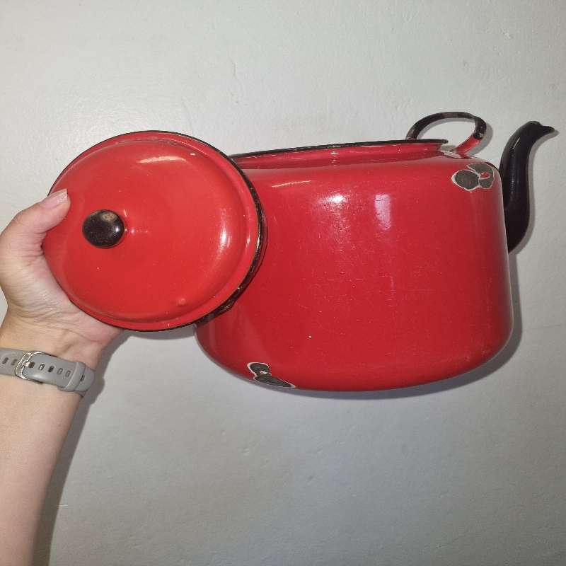 Large Red Vintage Enamel Kettle - Decor piece - has a hole at the bottom - See last picture