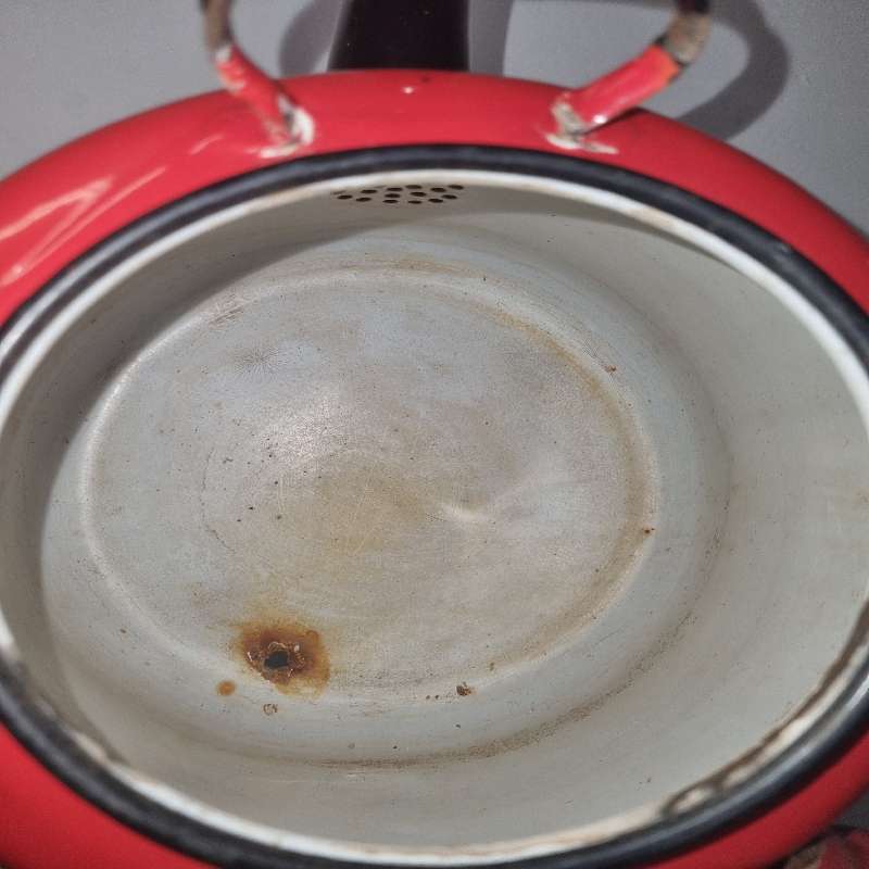 Large Red Vintage Enamel Kettle - Decor piece - has a hole at the bottom - See last picture