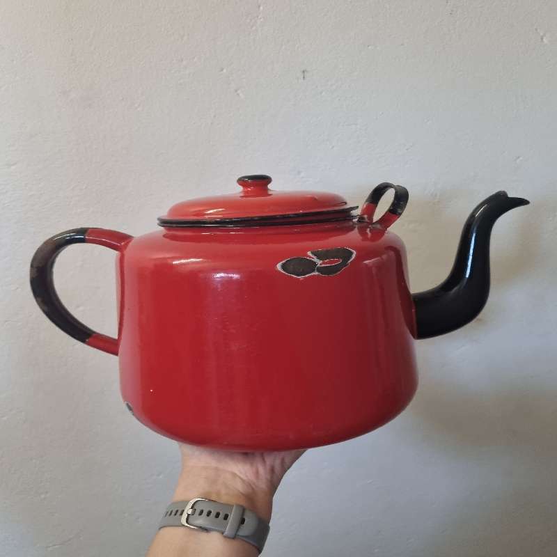 Large Red Vintage Enamel Kettle - Decor piece - has a hole at the bottom - See last picture