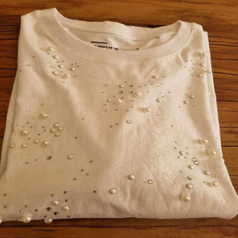 White Woolworths Cotton T-Shirt with pearl detail - Size M - Never worn