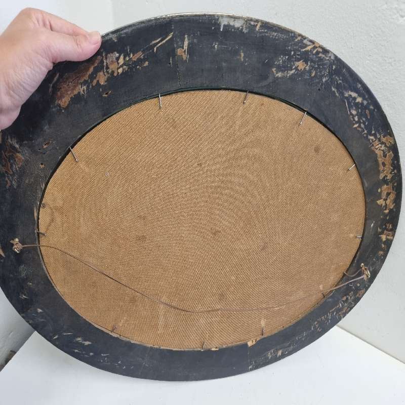 Large Vintage Oval Wooden Picture frame with curved glass and vintage photo
