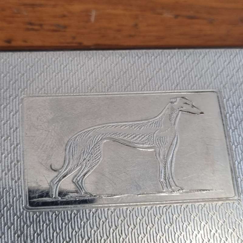 Vintage 1970`s Emu Brand Chrome Plated Cigarette Case - Made in England - Greyhound / Whippet detail