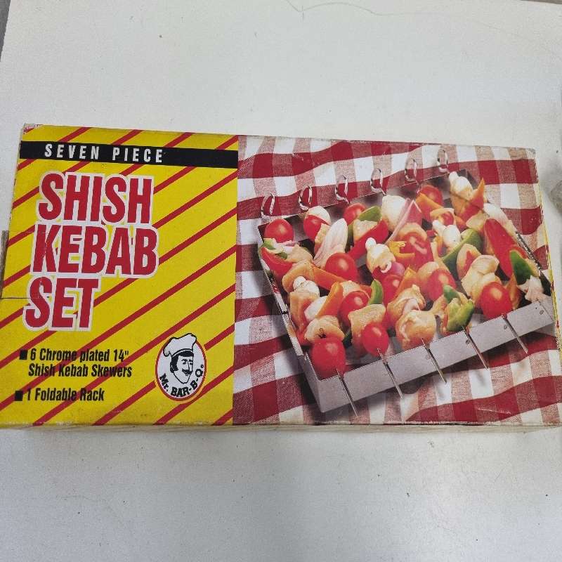 Vintage 7 Piece Shish Kebab Set - Skewers & Foldable Rack - Never used