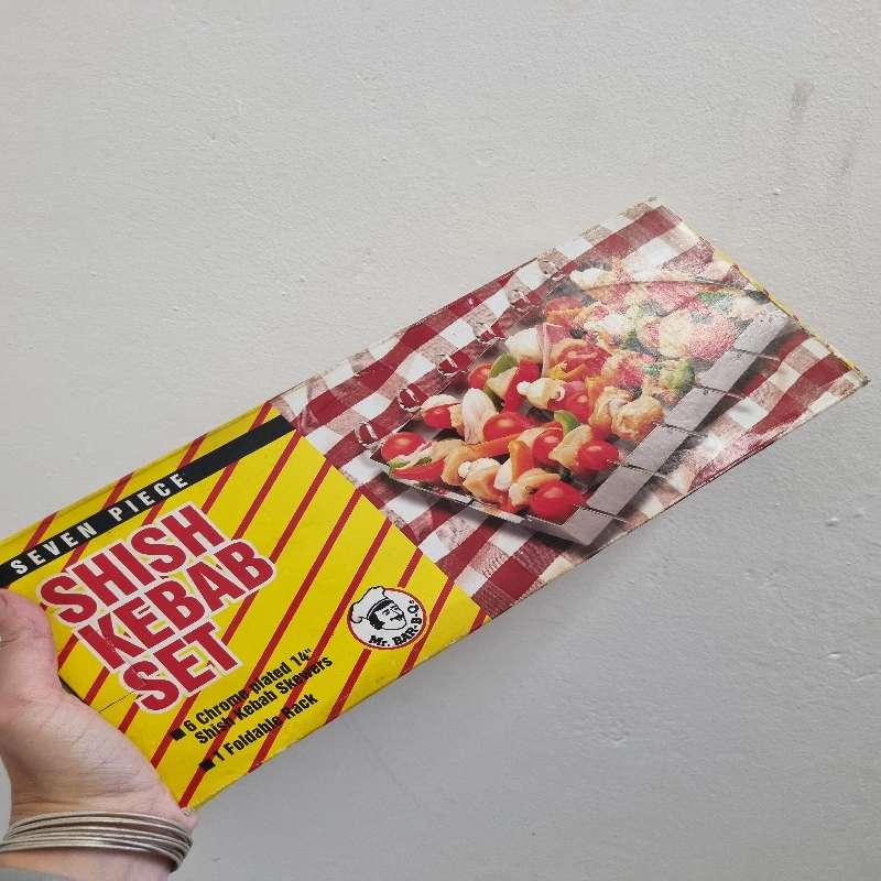 Vintage 7 Piece Shish Kebab Set - Skewers & Foldable Rack - Never used