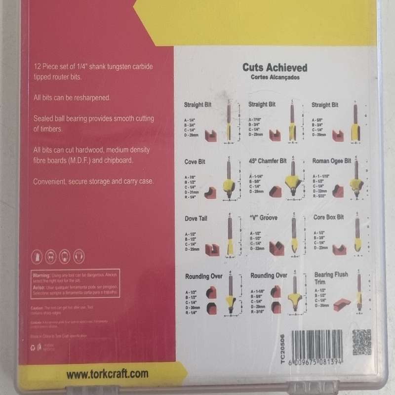 Tork Craft Router Bit 1/4" Shank Set - 12 Piece