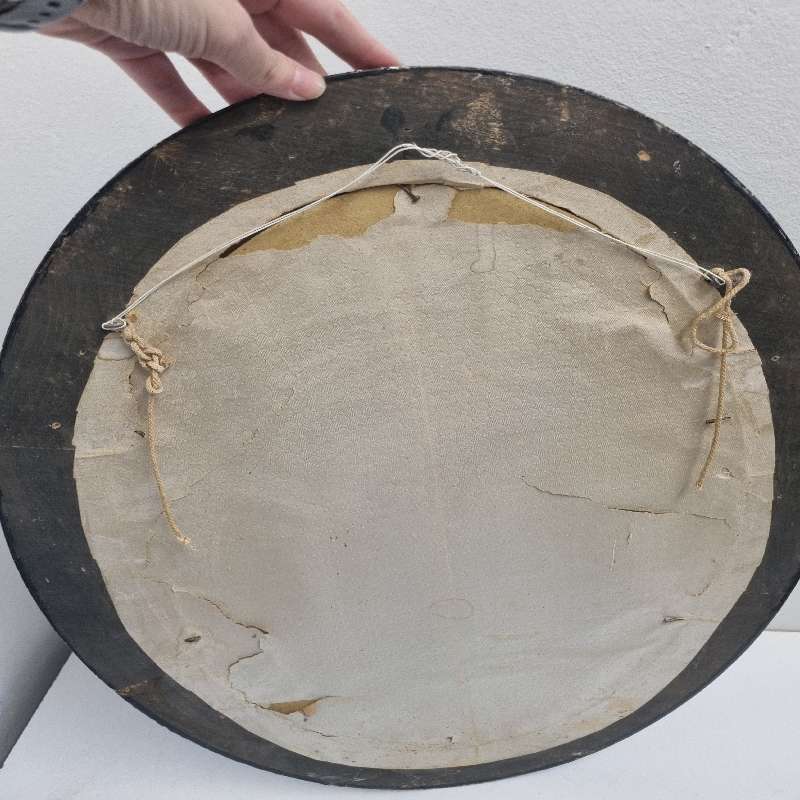Large Vintage Oval Wooden Picture frame with curved glass and vintage photo