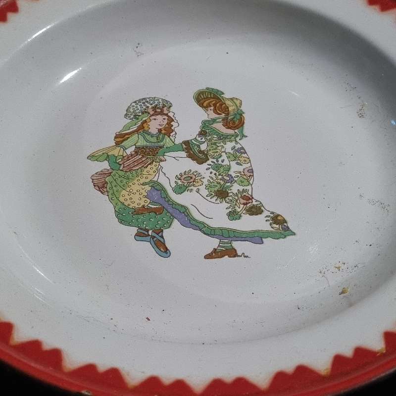 Vintage Enamel Plate with red trim and beautiful detail