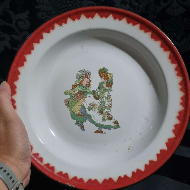 Vintage Enamel Plate with red trim and beautiful detail
