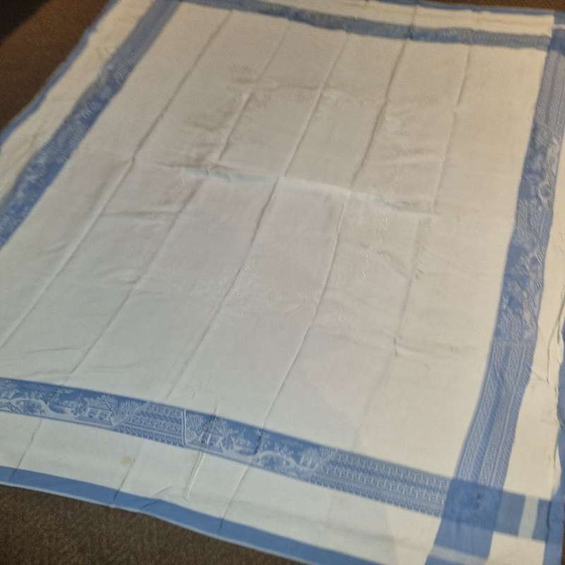 Beautiful Large Vintage Tablecloth - Blue and White - Great Detail - 1.7m x 2.1m - Some minor marks